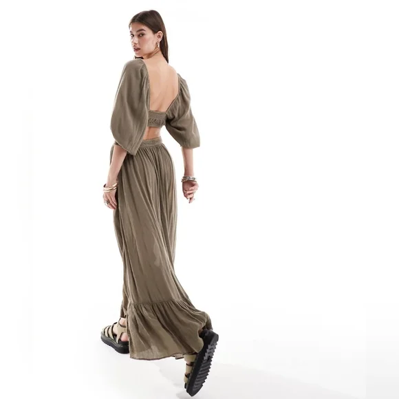 Free People-NWOT Cross My Heart Taupe balloon sleeve maxi dress - Picture 2 of 8